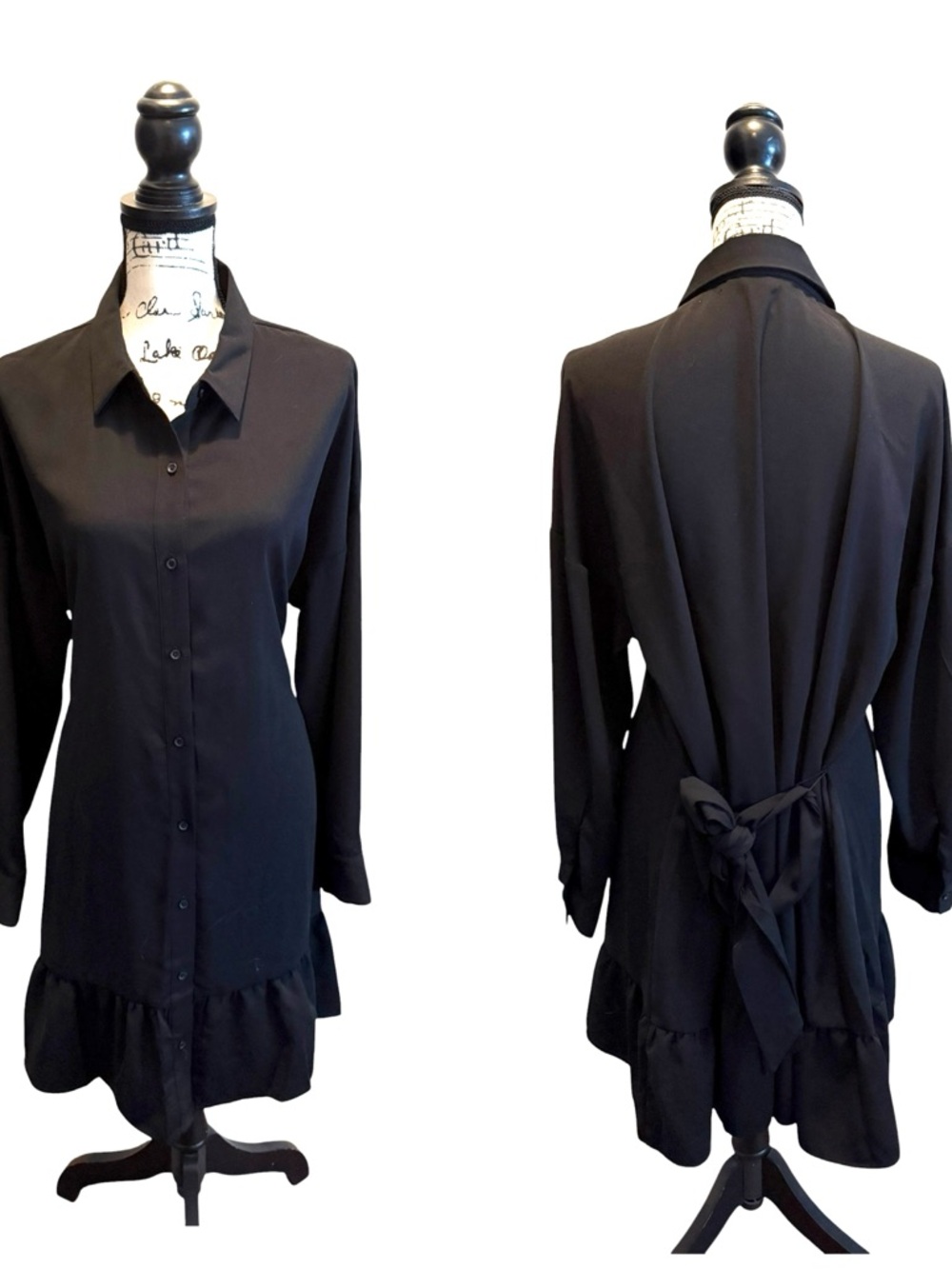 Nine West Classic Black Shirt Dress Tie Waist Ruffle Hem Size XLarge NWOT - Picture 11 of 11